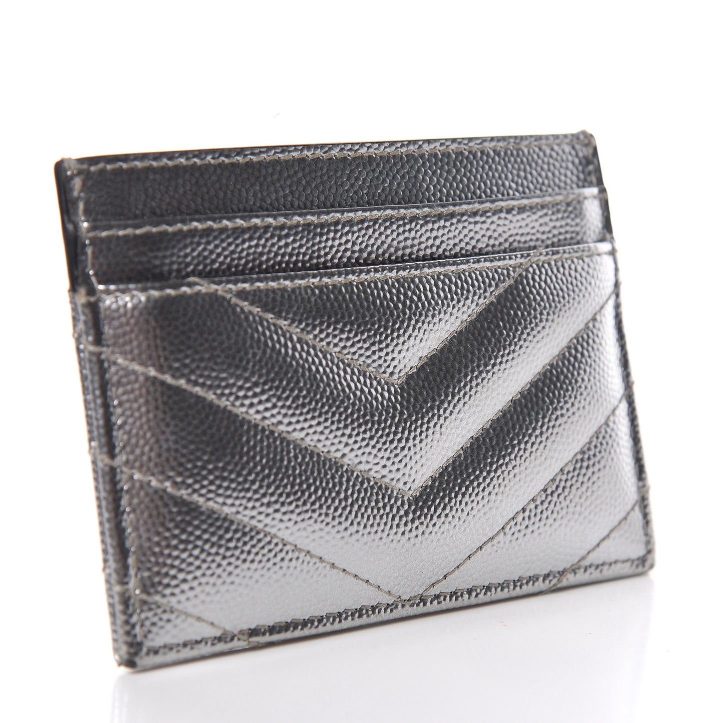 Metallic Grain De Poudre Matelasse Chevron Monogram Credit Card Case Argento