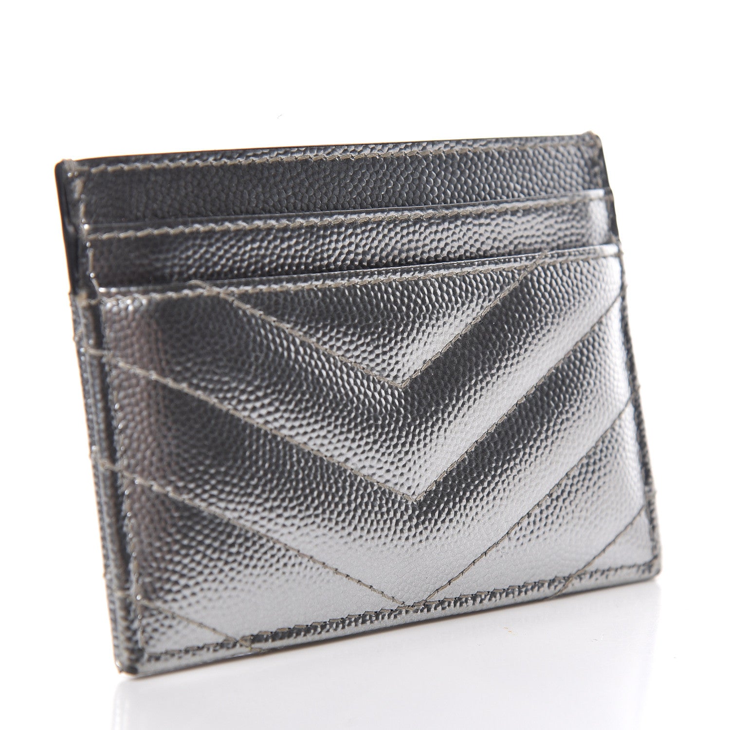 Saint Laurent Metallic Grain De Poudre Matelasse Chevron Monogram Credit Card Case Argento 3 of 12