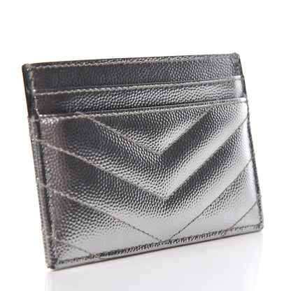 Saint Laurent Metallic Grain De Poudre Matelasse Chevron Monogram Credit Card Case Argento 3 of 12