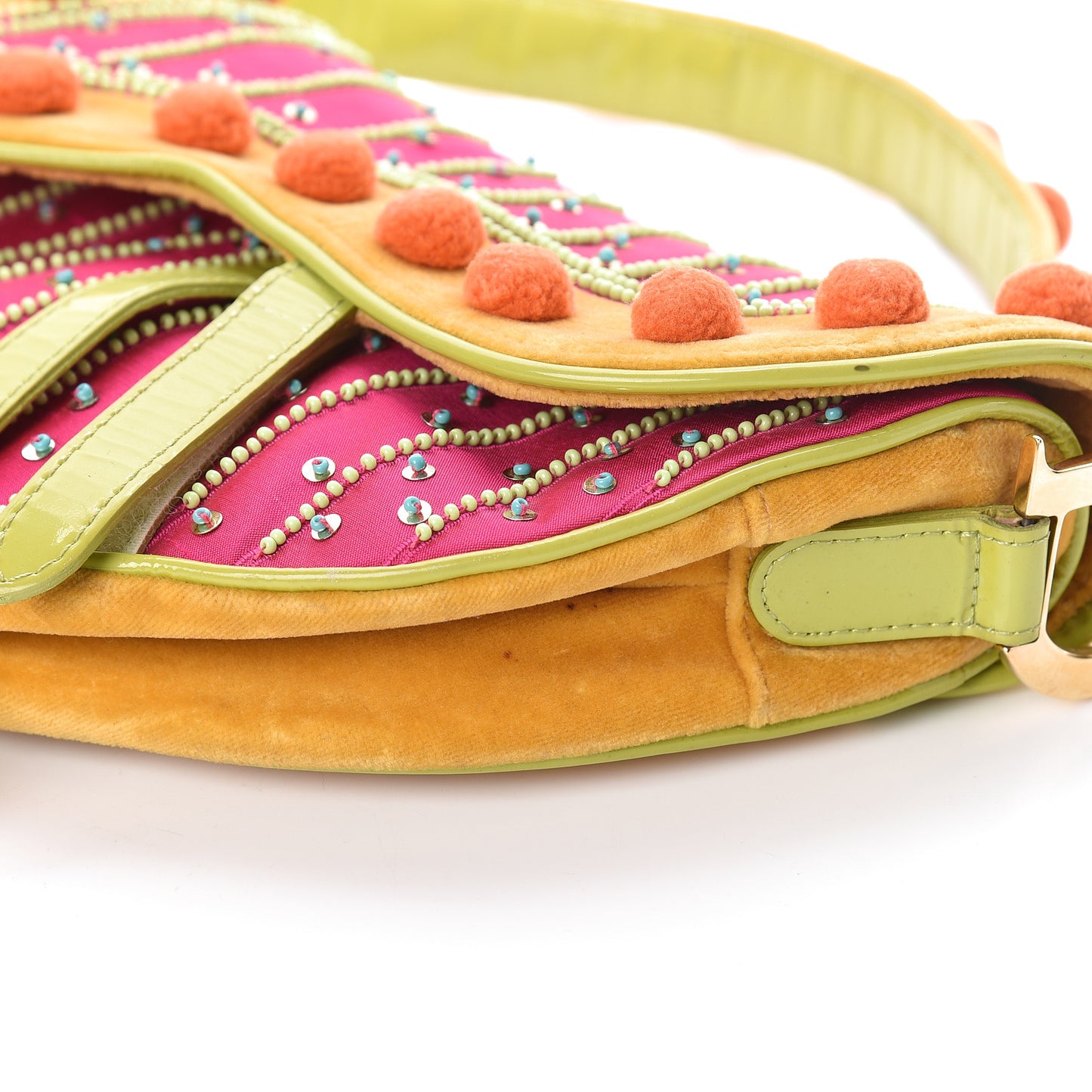 Velvet Nylon Pom Pom Saddle Bag Multicolor
