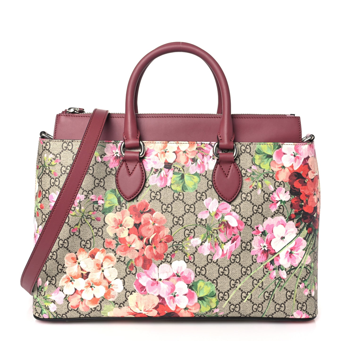 GG Supreme Monogram Blooms Large Zip Top Tote Beige Multicolor Dry Rose