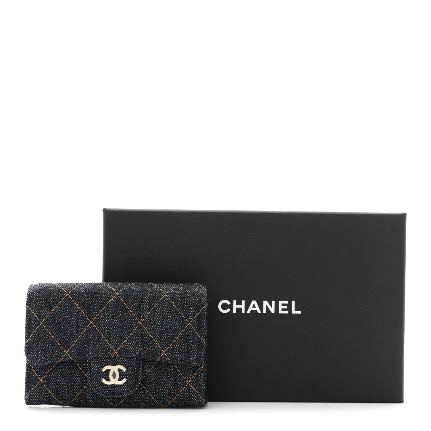 Chanel Denim Quilted Flap Card Holder Wallet Dark Blue Orange 9 of 9