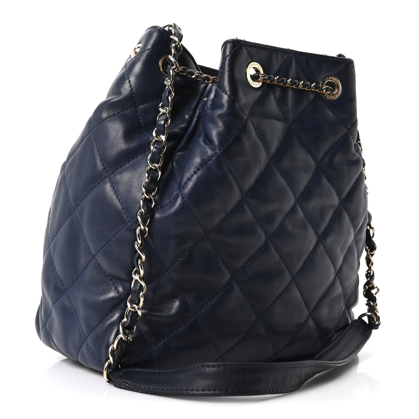 Lambskin Quilted Chain Drawstring Bag Navy Blue