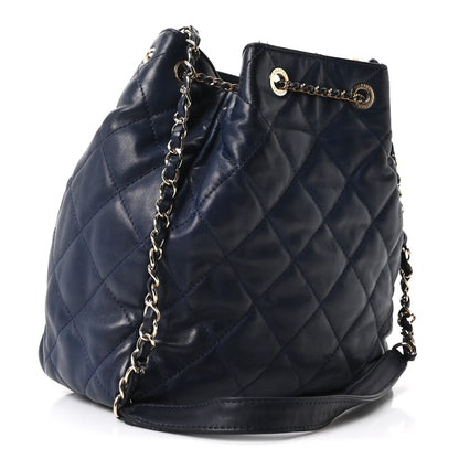 Chanel Lambskin Quilted Chain Drawstring Bag Navy Blue 2 of 9