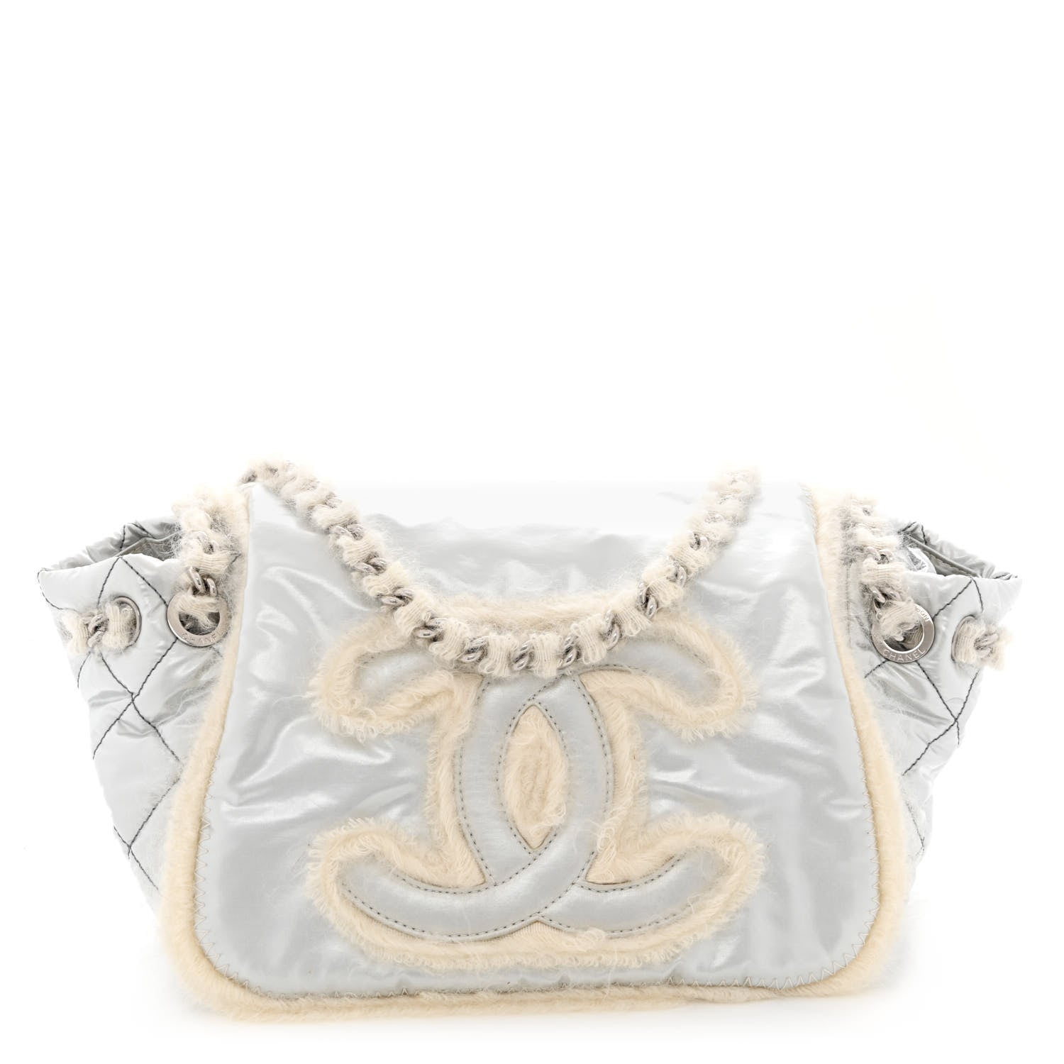 Chanel Vinyl Mohair Trimmed Accordion Arctic Polar Ice Flap Silver 1 of 9