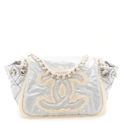 Chanel Vinyl Mohair Trimmed Accordion Arctic Polar Ice Flap Silver 1 of 9