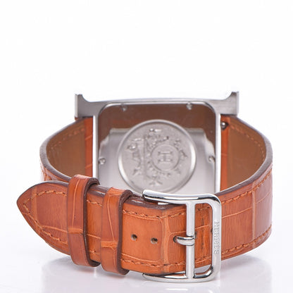 Hermes Sterling Silver Alligator Diamond Mother of Pearl 30.5mm Heure H Hour Quartz Watch Orange 4 of 13