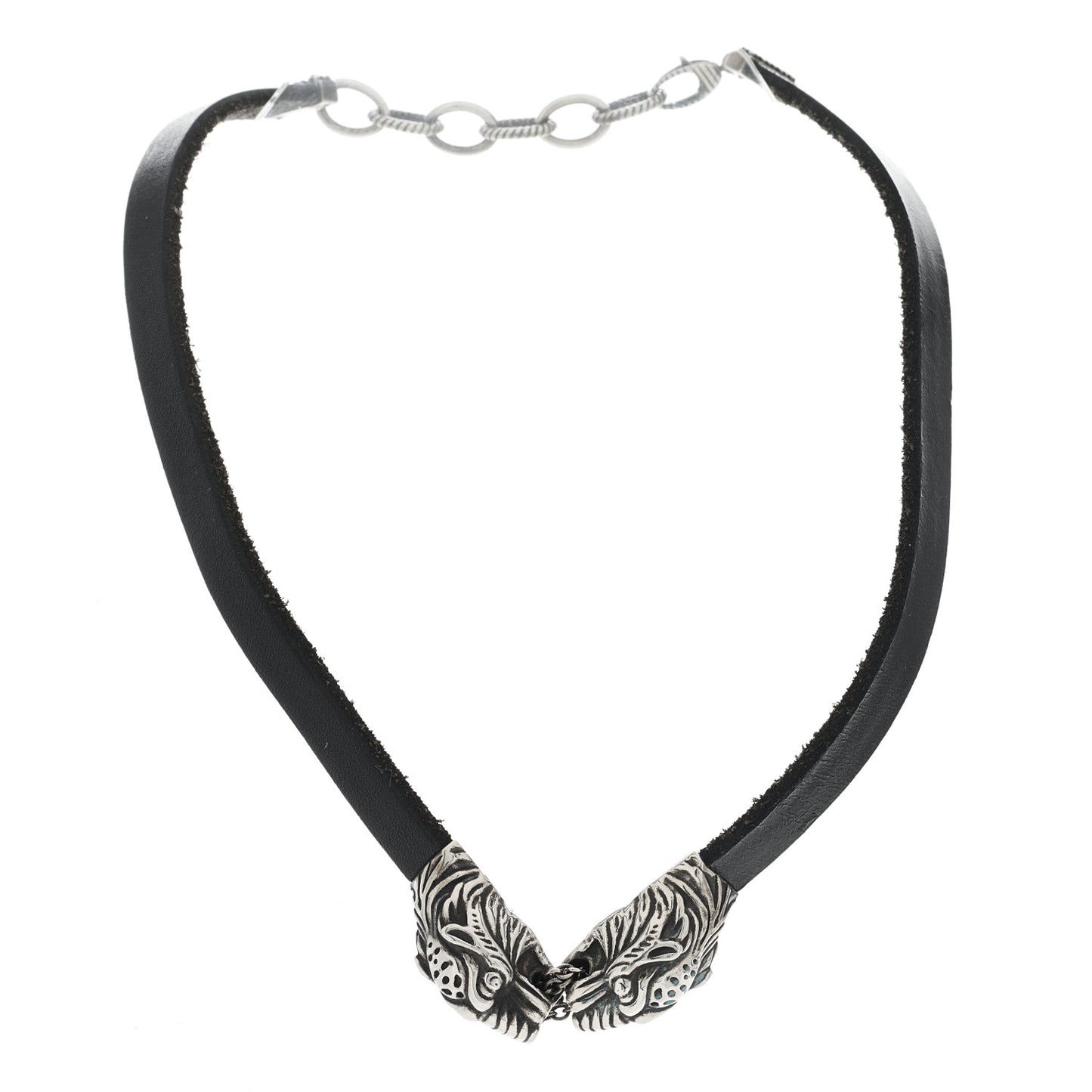 Sterling Silver Calfskin Tigers Head Choker Necklace
