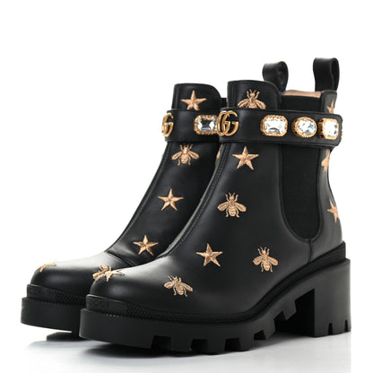 Gucci Calfskin Bee Star Embroidered Belt Ankle Boots 36 Black 3 of 7