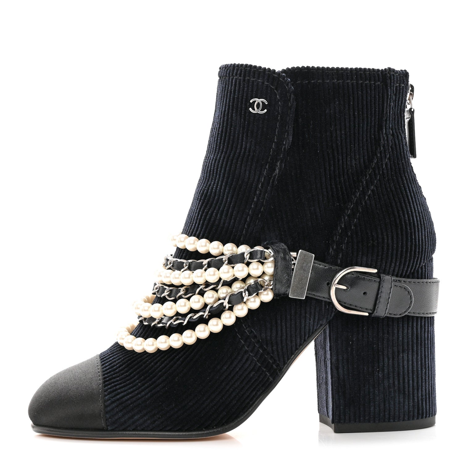 Chanel Velvet Satin Cap Cap Toe Short Boots 39 Navy Black 1 of 12