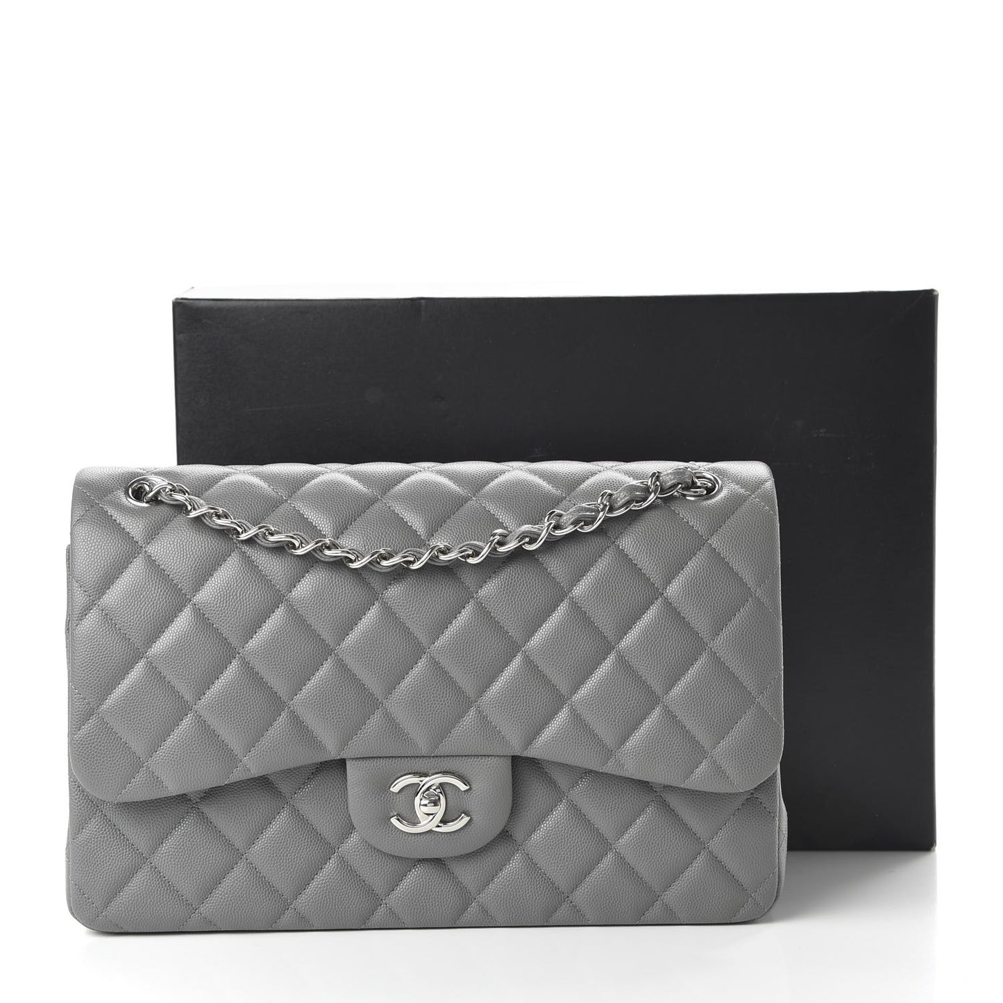Caviar Quilted Jumbo Double Flap Dark Grey