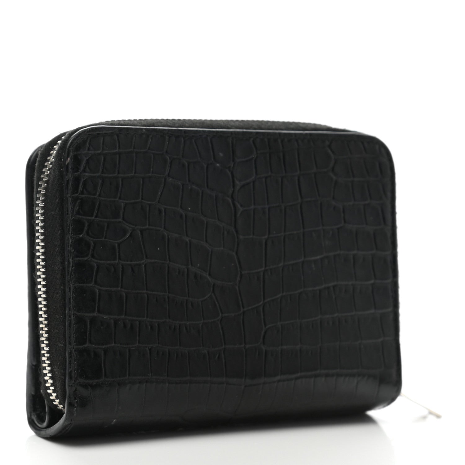 Saint Laurent Calfskin Crocodile Embossed Monogram Compact Wallet Black 3 of 6