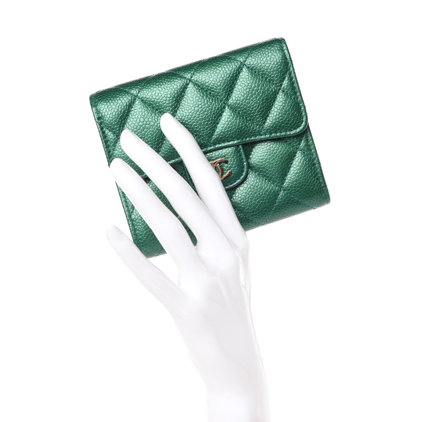 Metallic Caviar Quilted Compact Flap Wallet Green