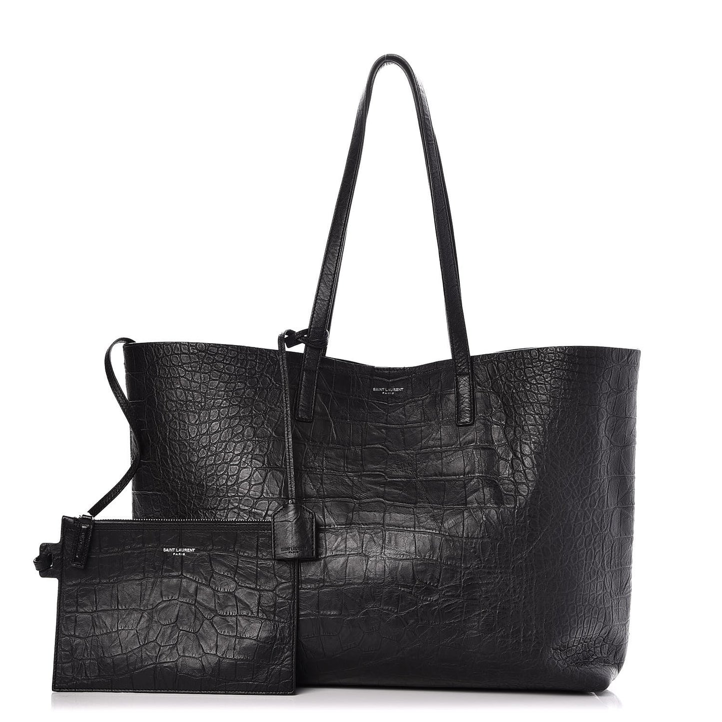 Calfskin Crocodile Embossed Large Shopper Tote Black