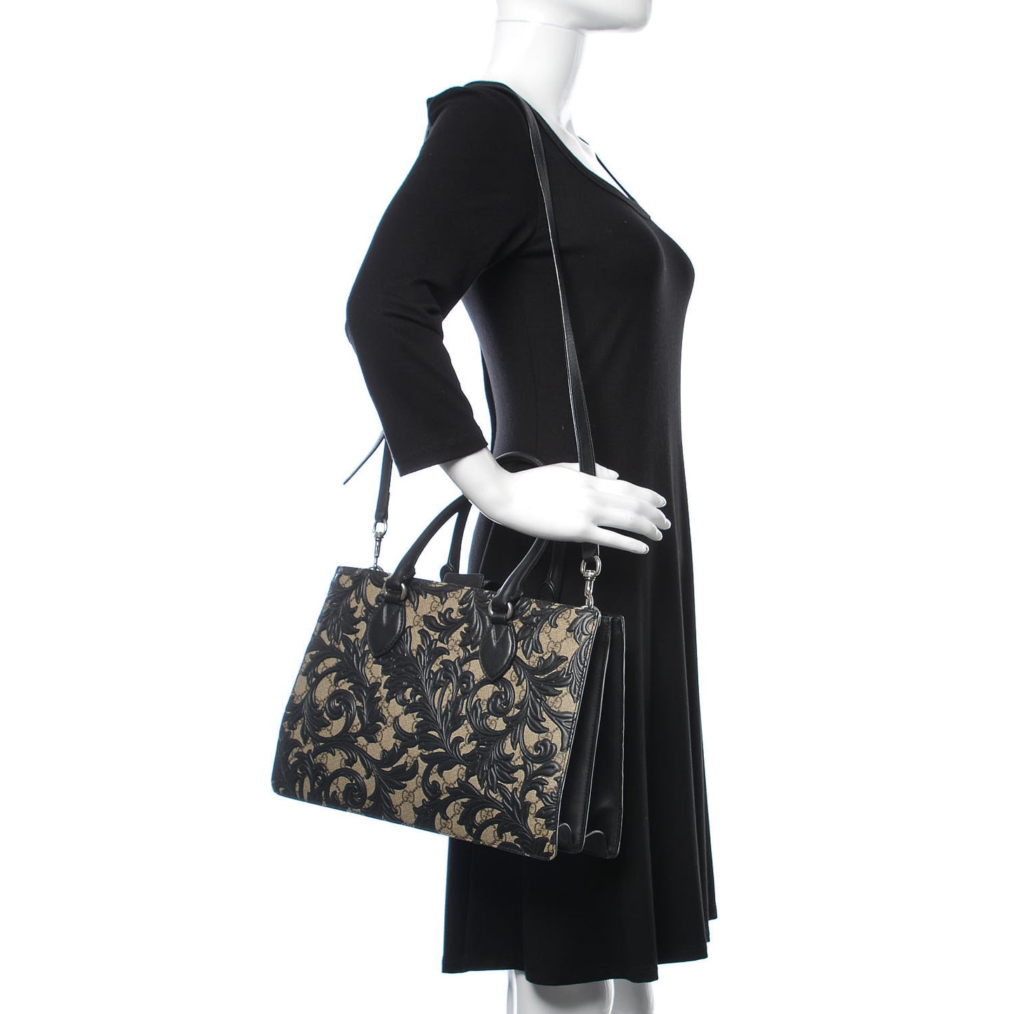 GG Supreme Monogram Arabesque Small Top Handle Bag Beige Black