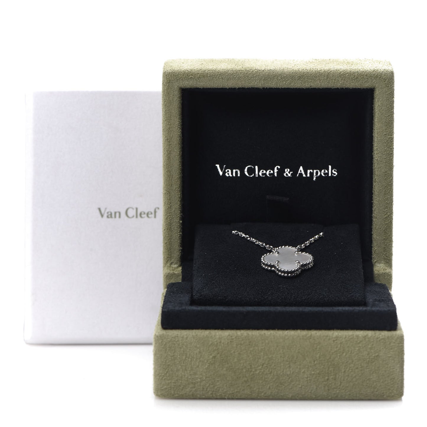 18K White Gold Mother of Pearl Vintage Alhambra Pendant Necklace