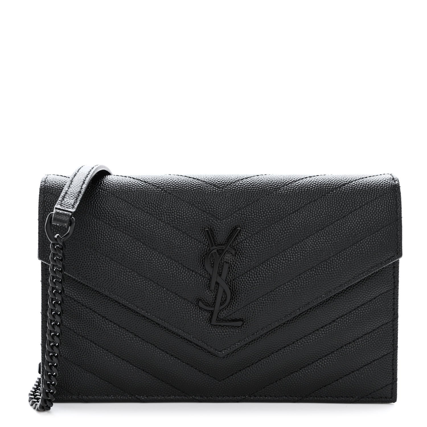 Saint Laurent Grain De Poudre Matelasse Chevron Monogram Monochrome Envelope Chain Wallet Black 1 of 10