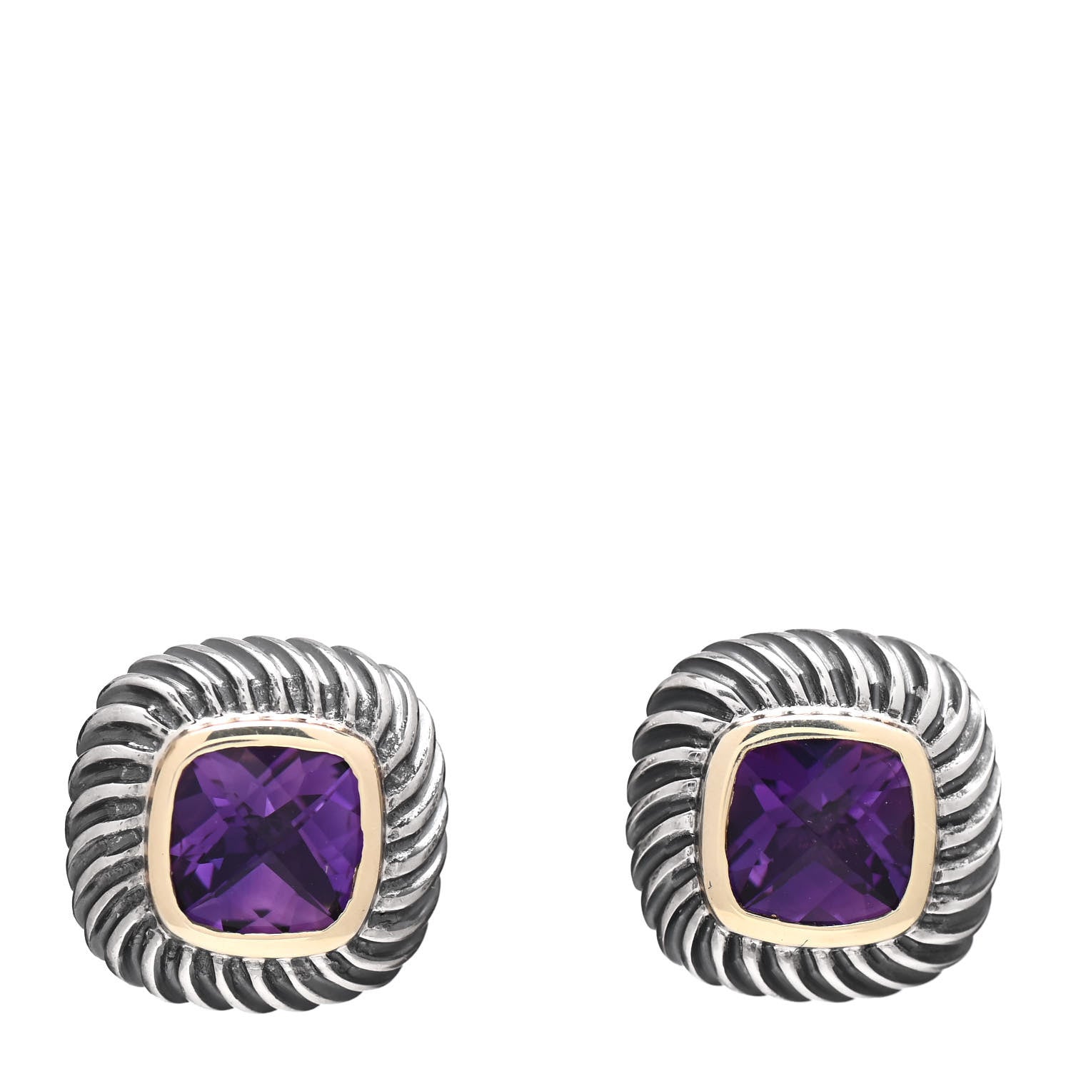 David Yurman Sterling Silver 14K Yellow Gold Amethyst 7mm Albion Earrings 1 of 5