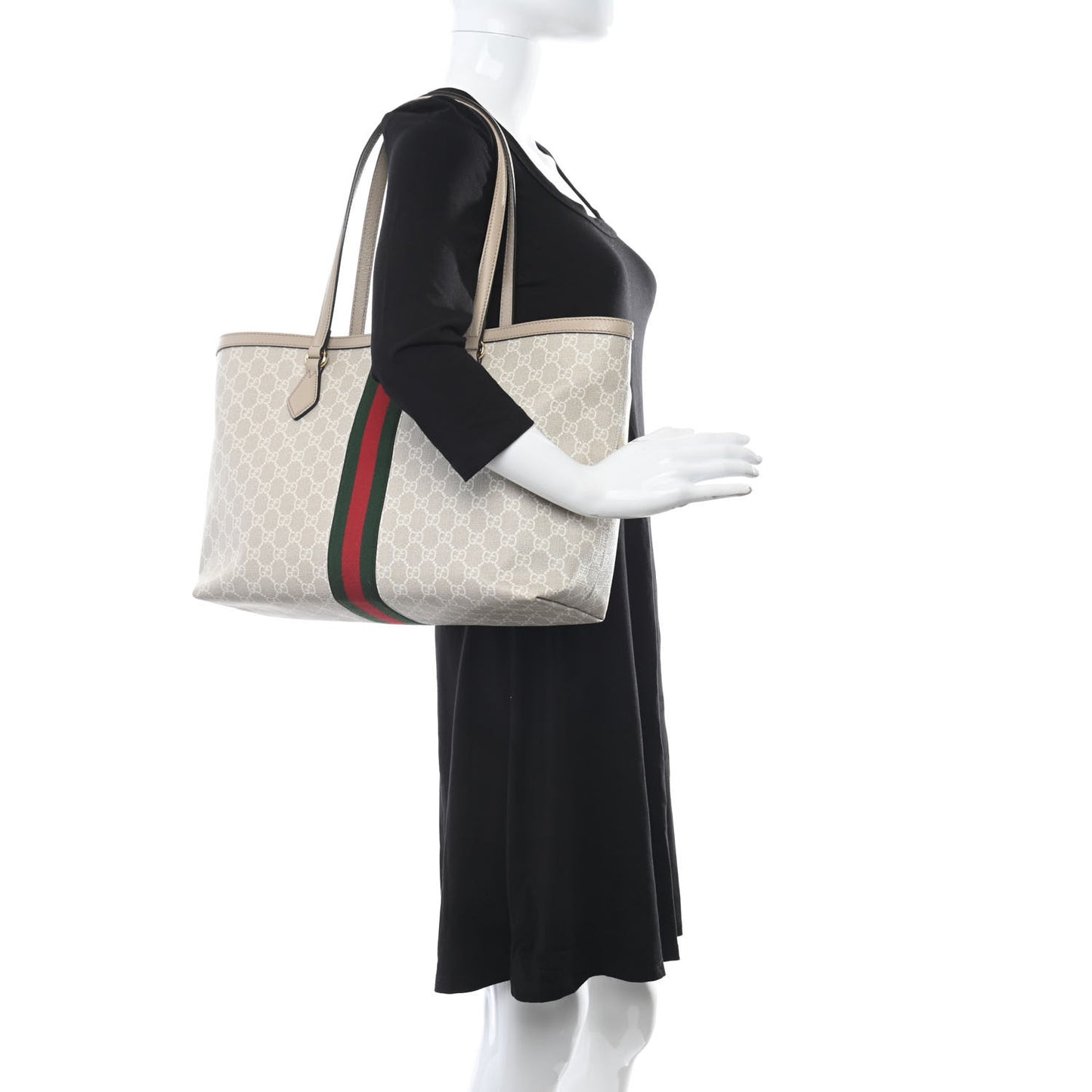 GG Supreme Monogram Textured Dollar Calfskin Web Medium Ophidia Shopping Tote Beige Mystic White Oatmeal