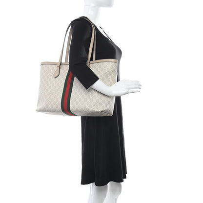 Gucci GG Supreme Monogram Textured Dollar Calfskin Web Medium Ophidia Shopping Tote Beige Mystic White Oatmeal 3 of 21