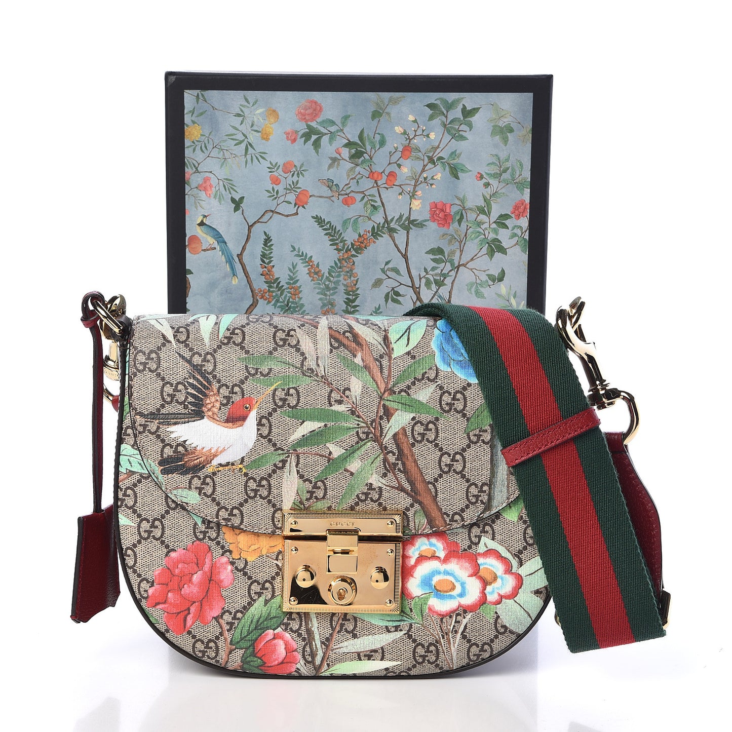 GG Supreme Monogram Tian Web Medium Padlock Messenger Shoulder Bag Beige Multicolor New Acero