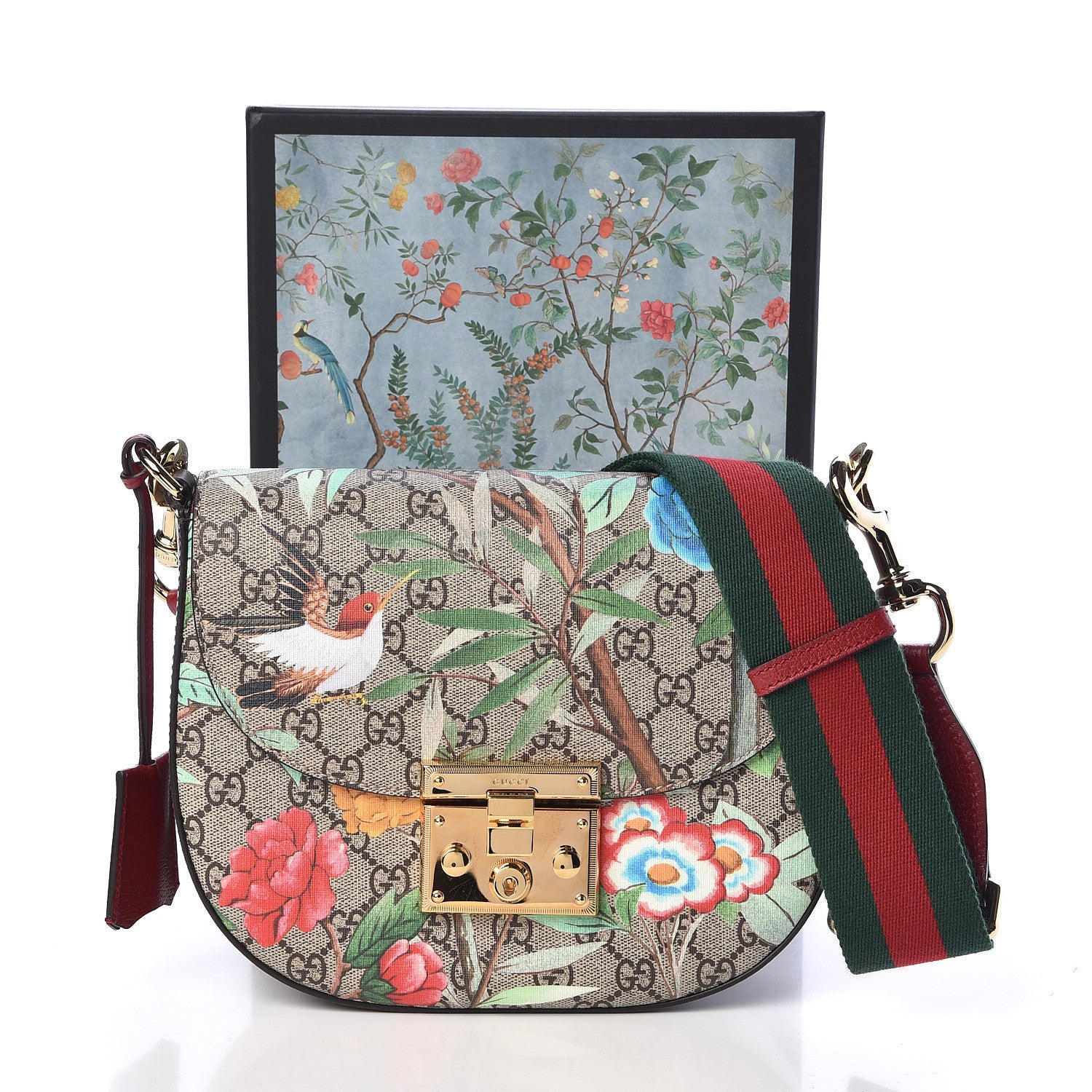 Gucci GG Supreme Monogram Tian Web Medium Padlock Messenger Shoulder Bag Beige Multicolor New Acero 9 of 9