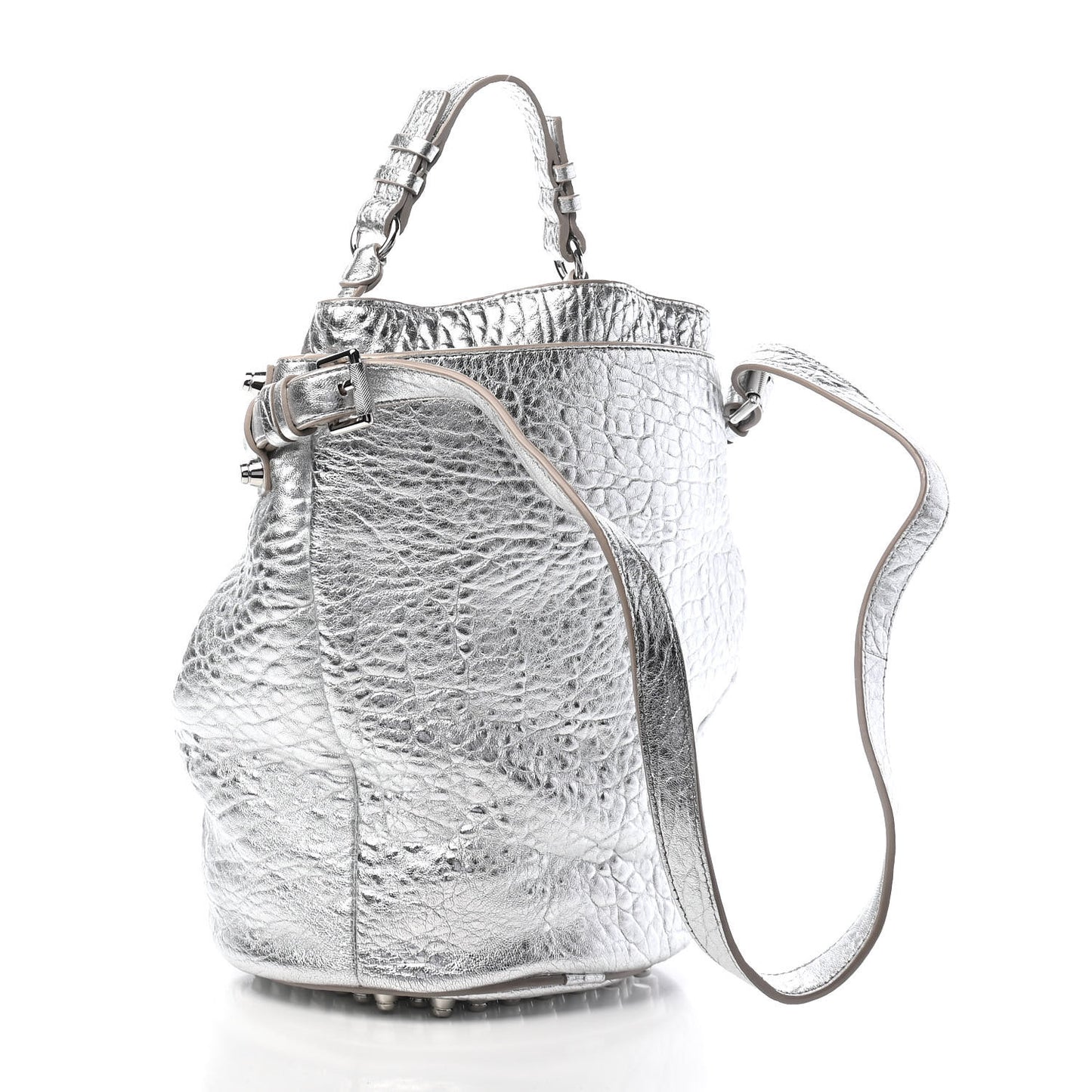 Metallic Pebbled Lambskin Diego Bucket Bag Rhodium Hardware Silver