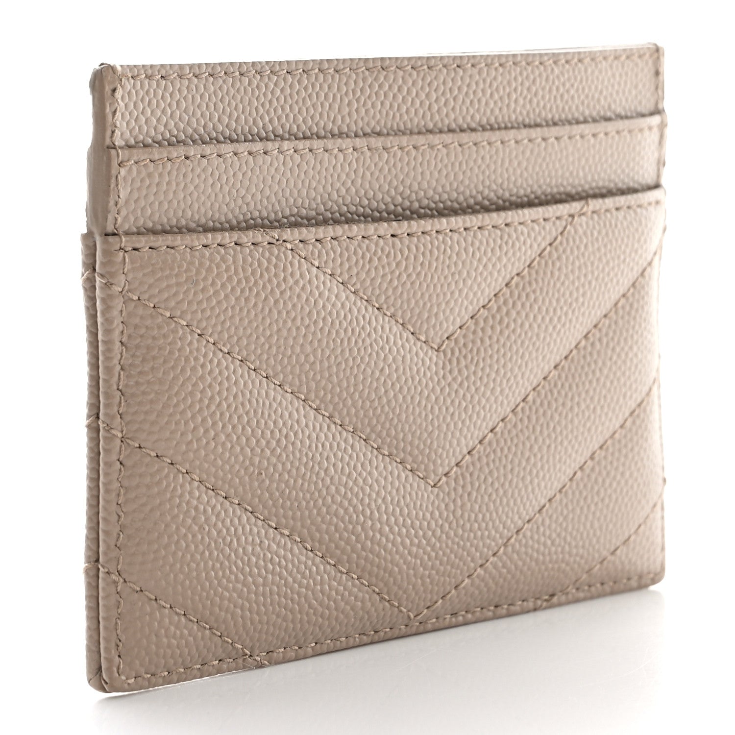 Saint Laurent Grain De Poudre Matelasse Chevron Monogram Credit Card Case Dark Beige 3 of 9