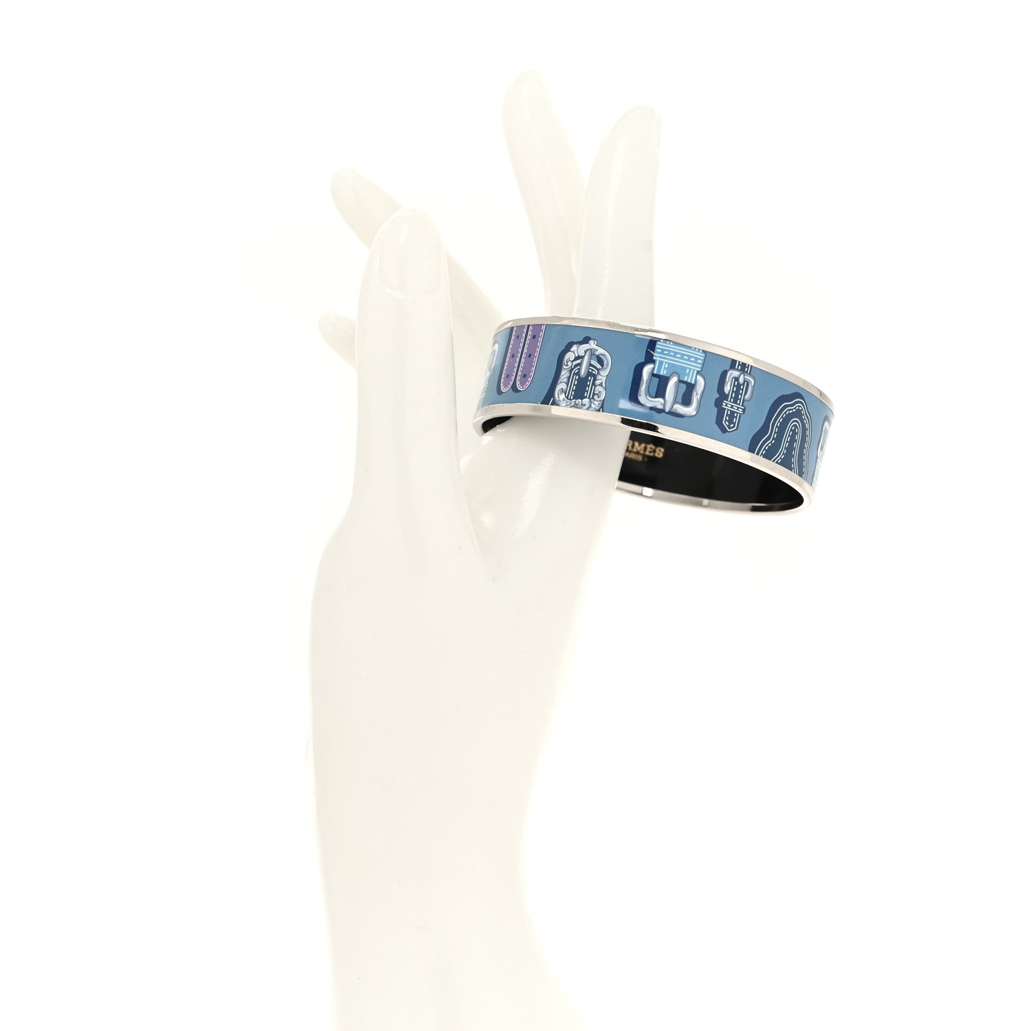 Hermes Enamel Printed Harnais des Presidents Wide Bracelet 62 Bleu 2 of 5