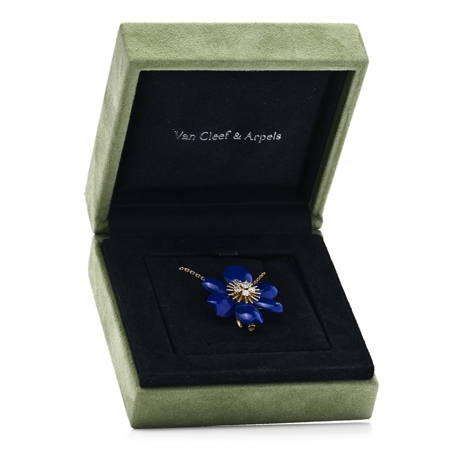 18K Yellow Gold Diamond Lapis Lazuli Small Rose De Noel Pendant Necklace