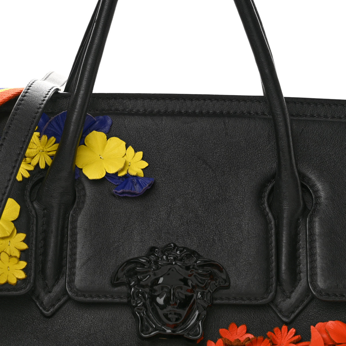 Versace Calfskin Flower Embroidered Medium Palazzo Empire Bag Black Multicolor 8 of 14
