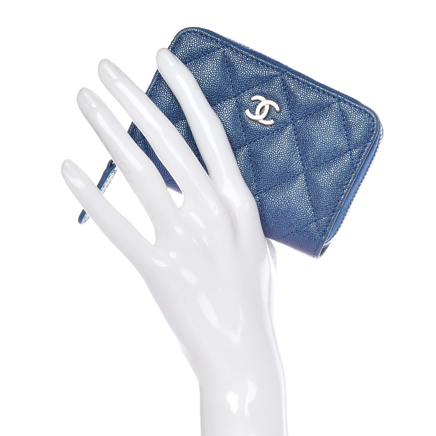 Metallic Caviar Quilted Zip Coin Purse Dark Blue