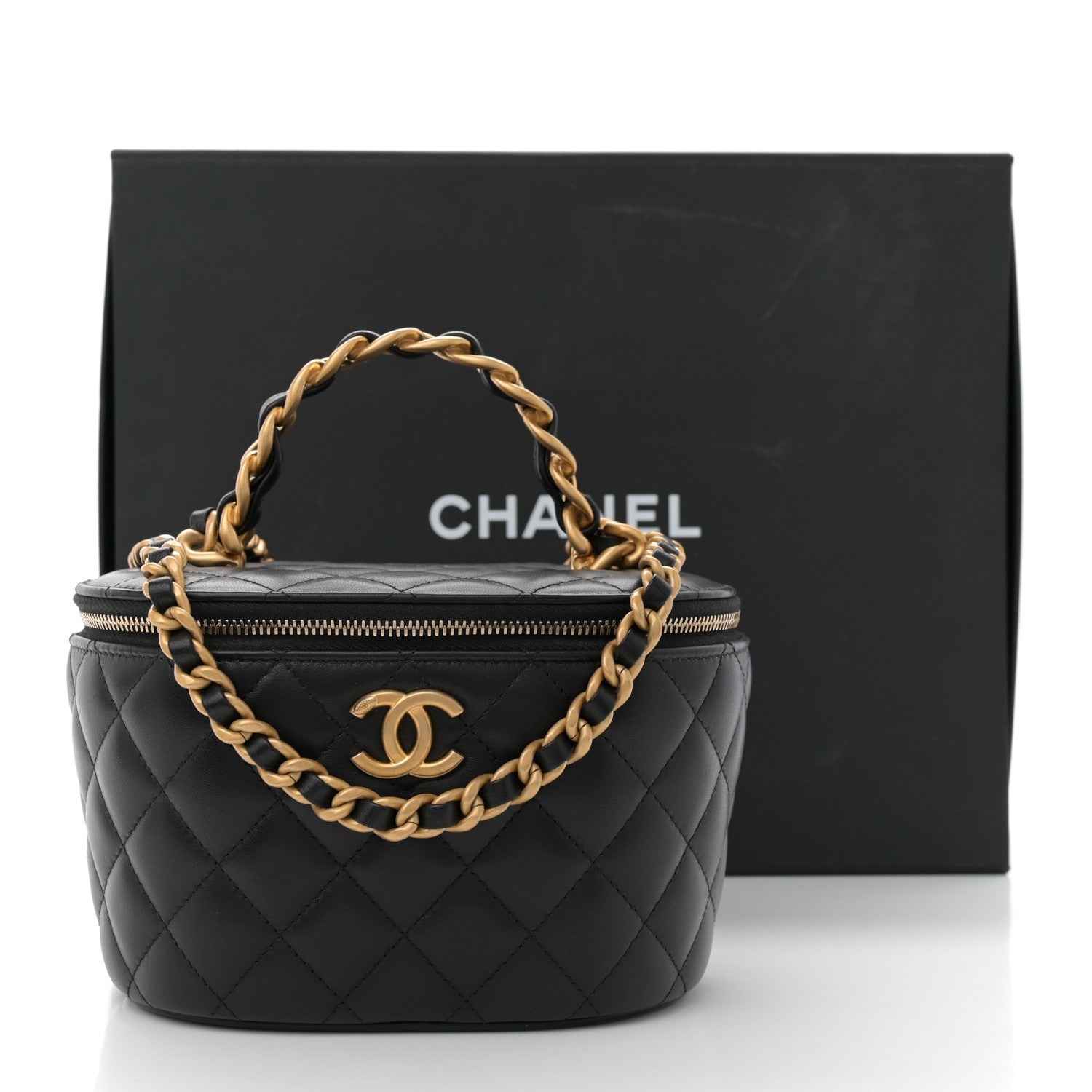 Chanel Lambskin Quilted Chain Top Handle Round Vanity Case Black 11 of 11