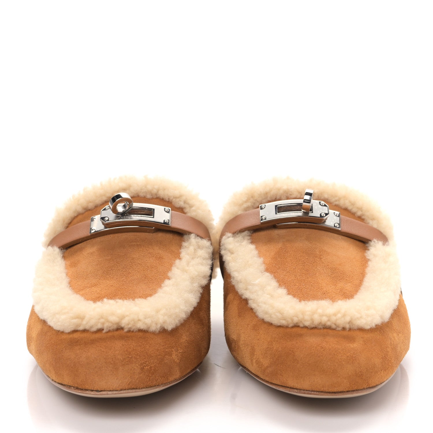 Hermes Suede Goatskin Woolskin Womens Oz Mules 38 Naturel 2 of 8