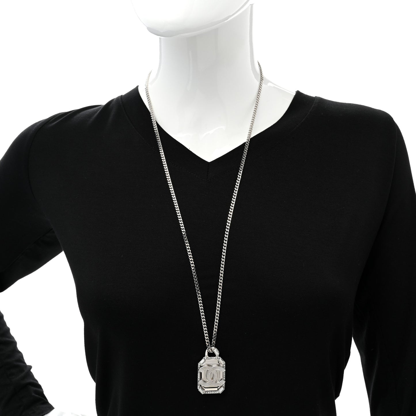 Crystal Baguette CC Mirror Pendant Necklace Silver