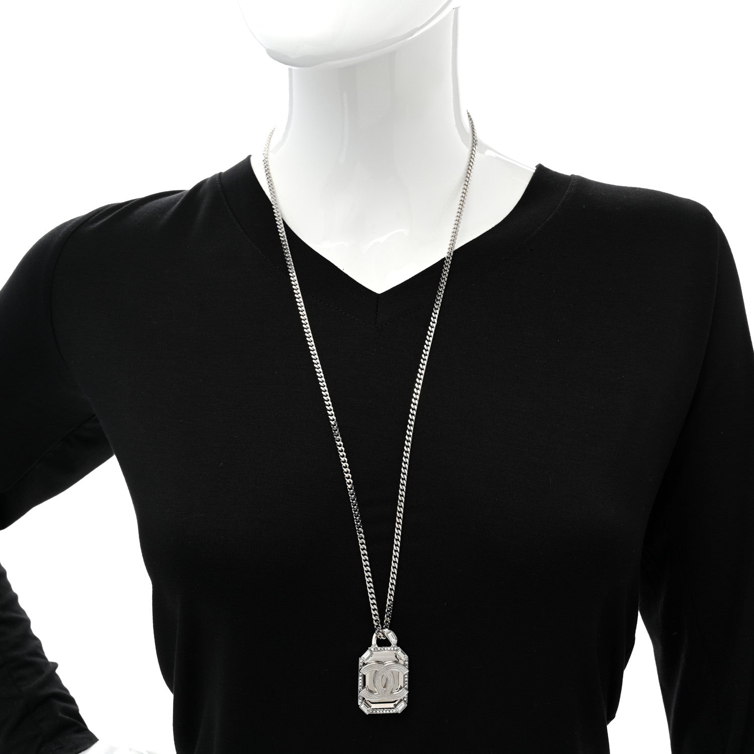 Chanel Crystal Baguette CC Mirror Pendant Necklace Silver 2 of 7
