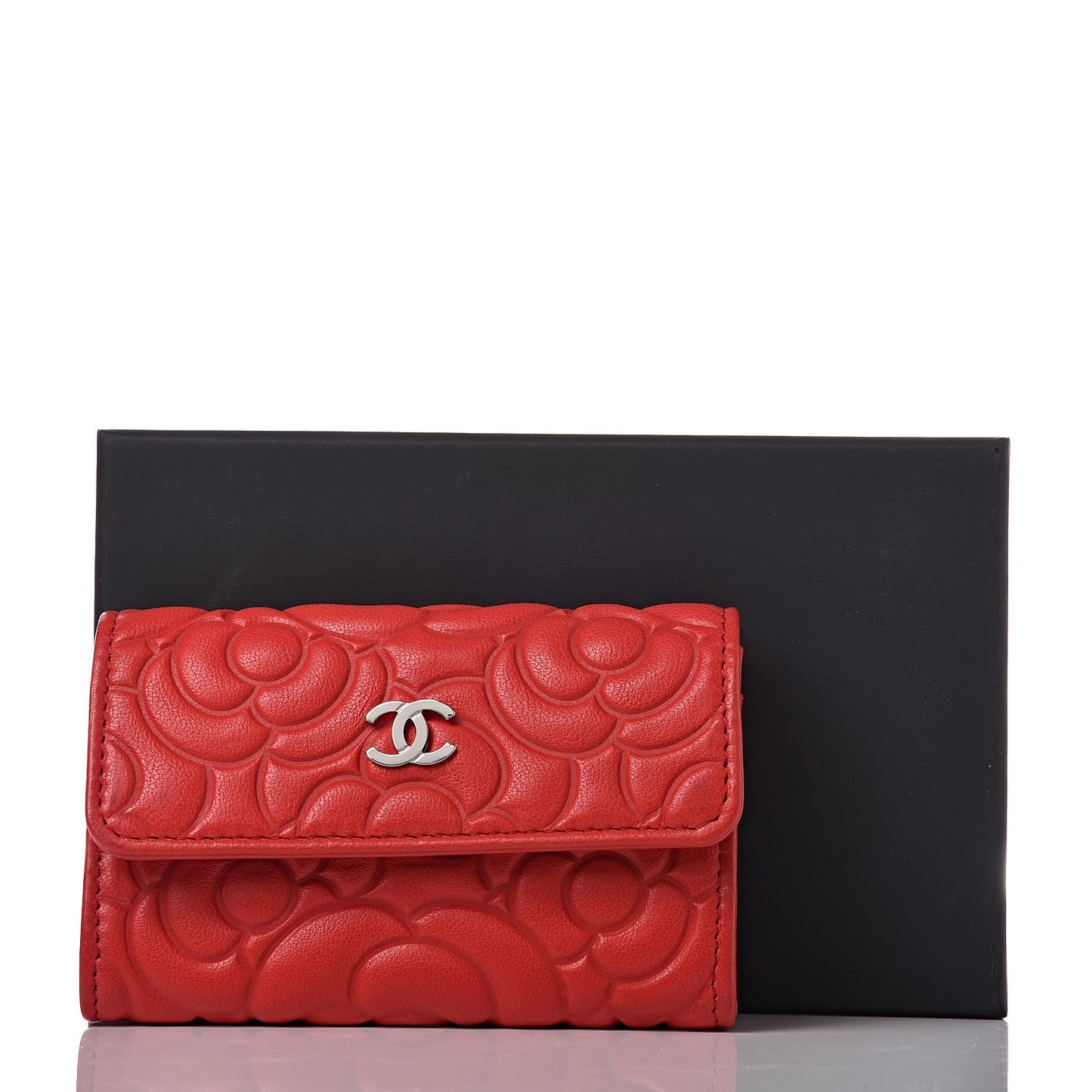 Goatskin Camellia Embossed Card Holder Red