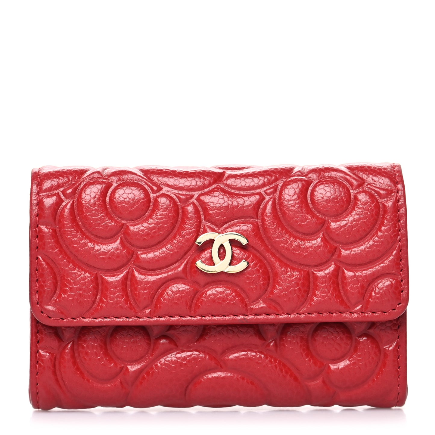 Caviar Camellia Embossed Card Holder Wallet Red