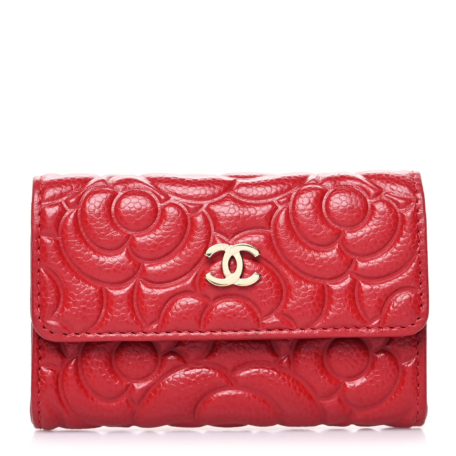 Chanel Caviar Camellia Embossed Card Holder Wallet Red 1 of 9