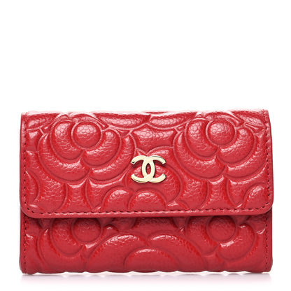 Chanel Caviar Camellia Embossed Card Holder Wallet Red 1 of 9