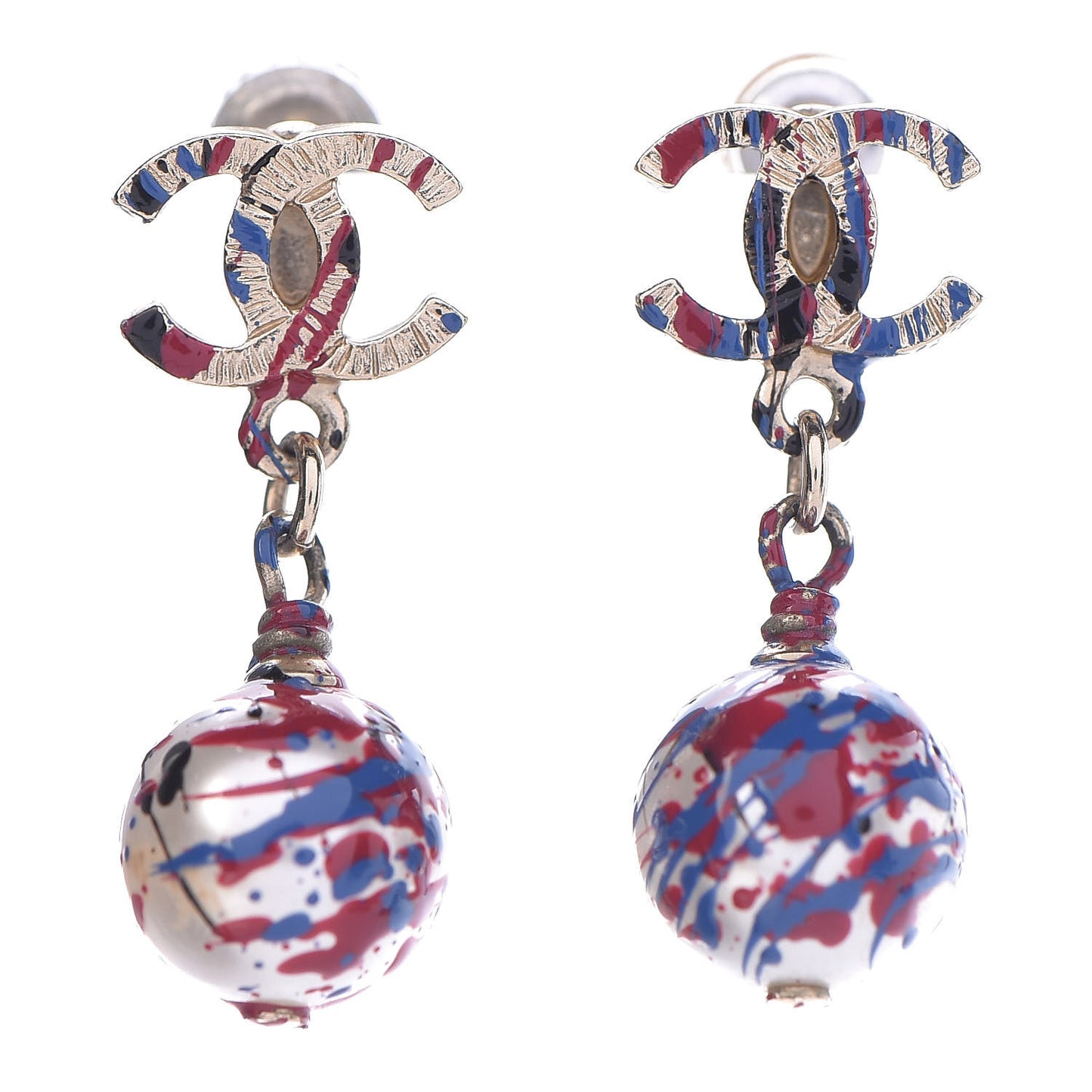 Pearl Painted CC Drop Earrings Red Blue Gold