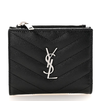 Saint Laurent Grain De Poudre Matelasse Chevron Monogram Zipped Card Case Black 1 of 8