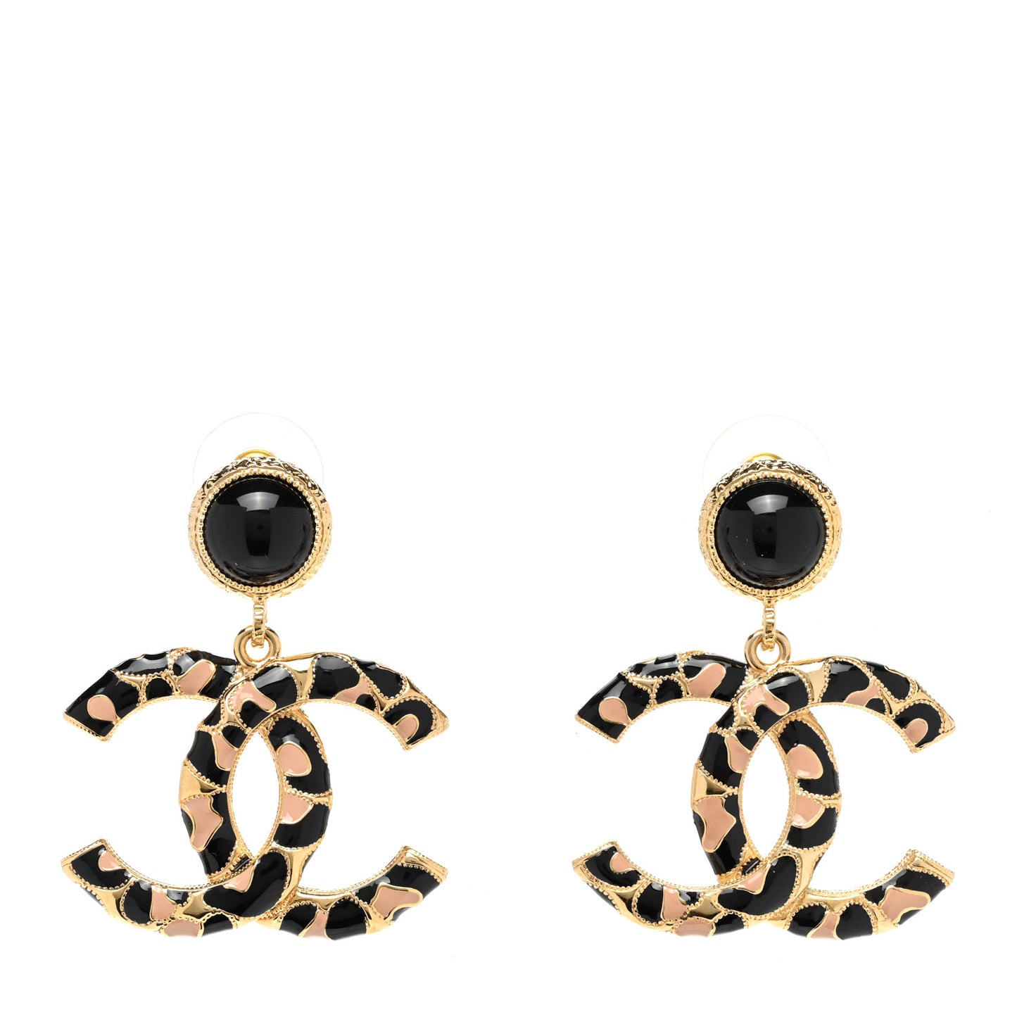 Metal Leopard Print CC Earrings Gold Black Beige