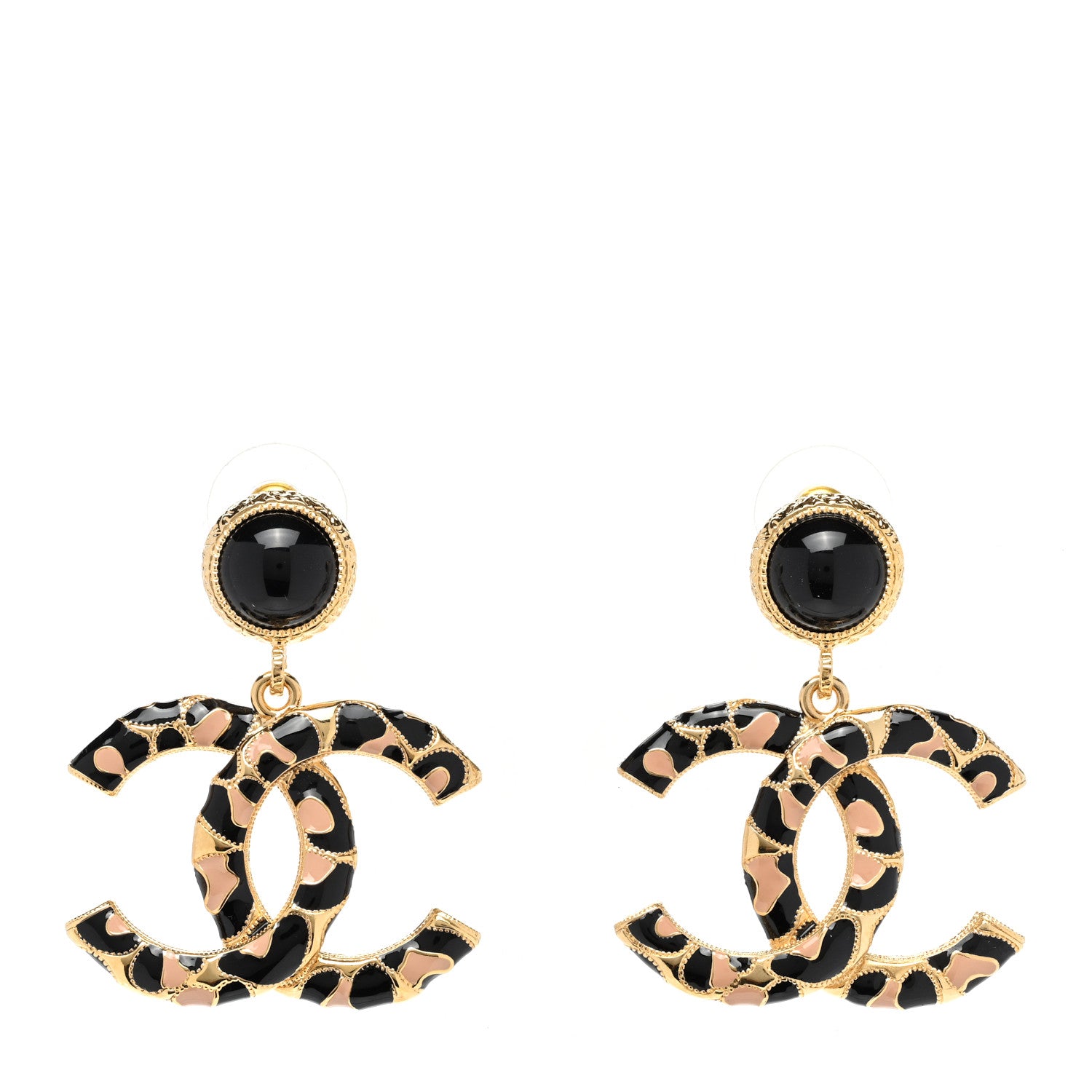 Chanel Metal Leopard Print CC Earrings Gold Black Beige 1 of 5