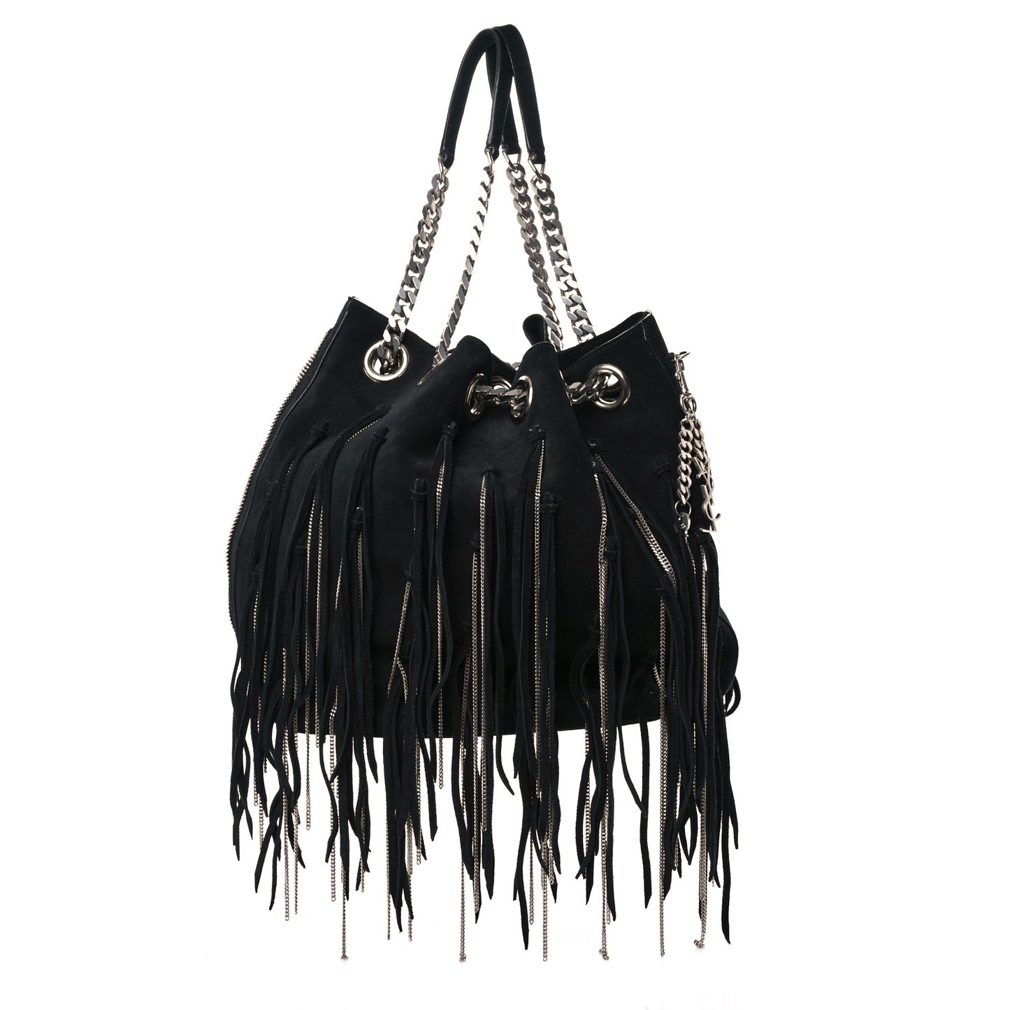 Suede Calfskin Medium Emmanuelle Chain Fringe Bucket Bag Black