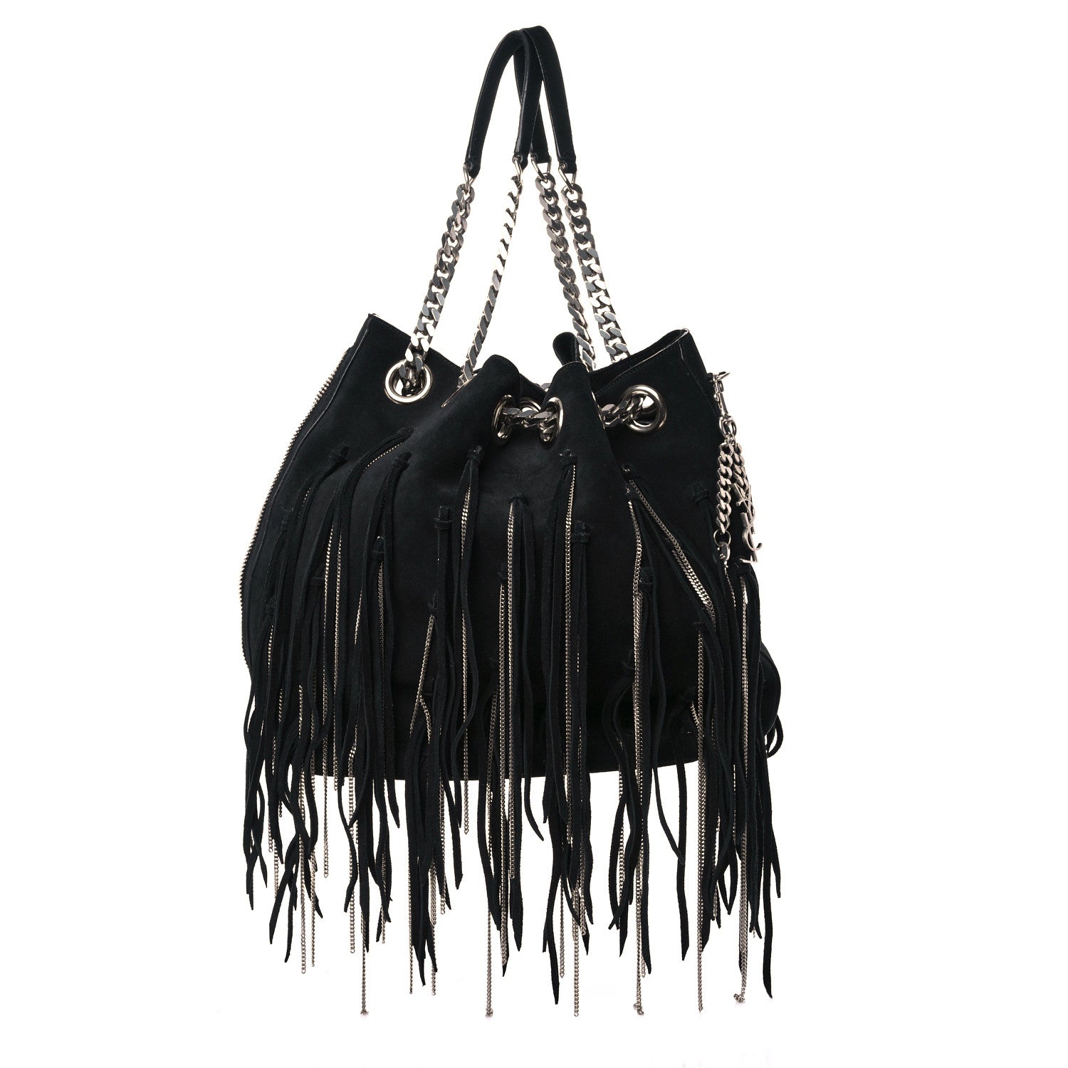 Saint Laurent Suede Calfskin Medium Emmanuelle Chain Fringe Bucket Bag Black 1 of 12