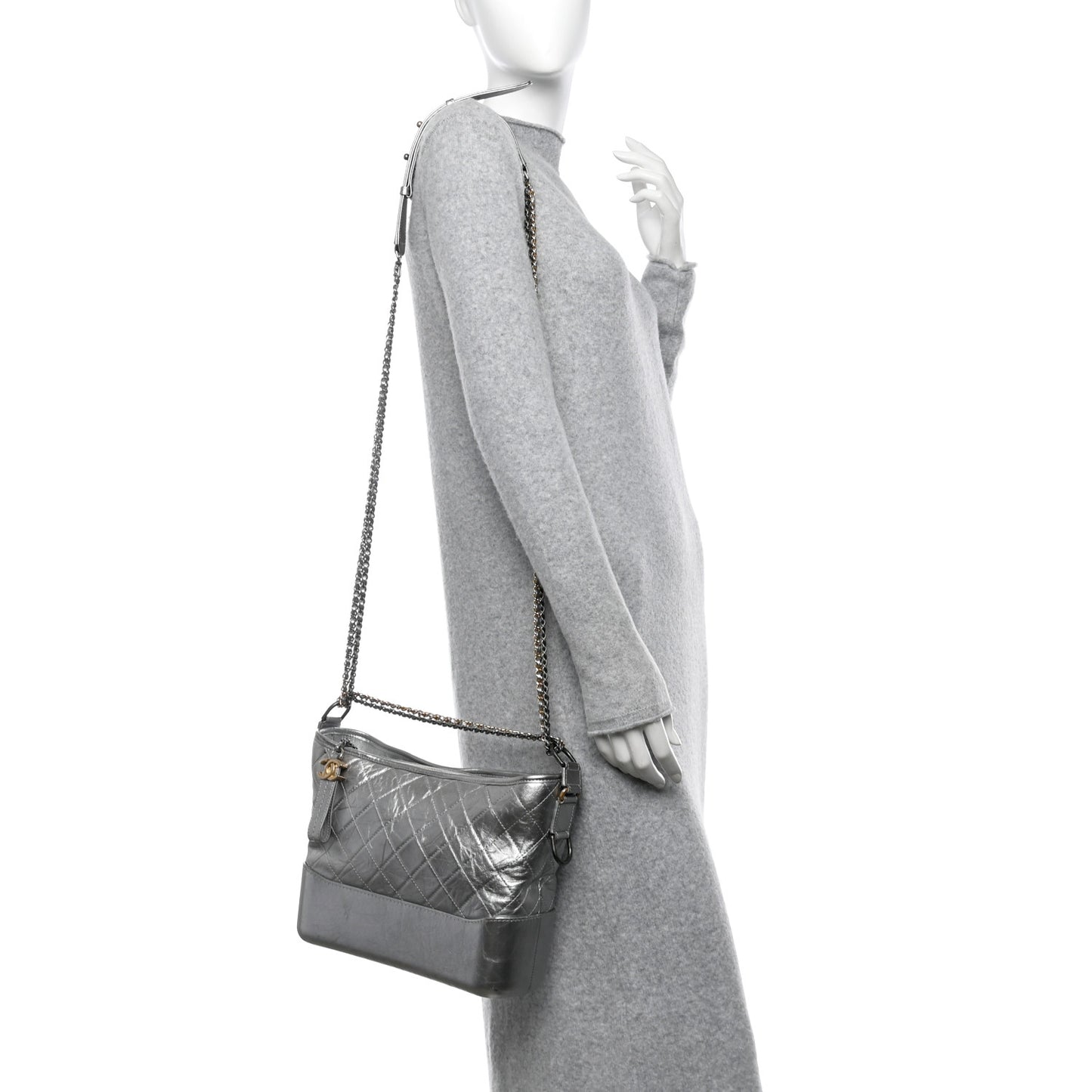 Metallic Aged Calfskin Quilted Medium Gabrielle Silver