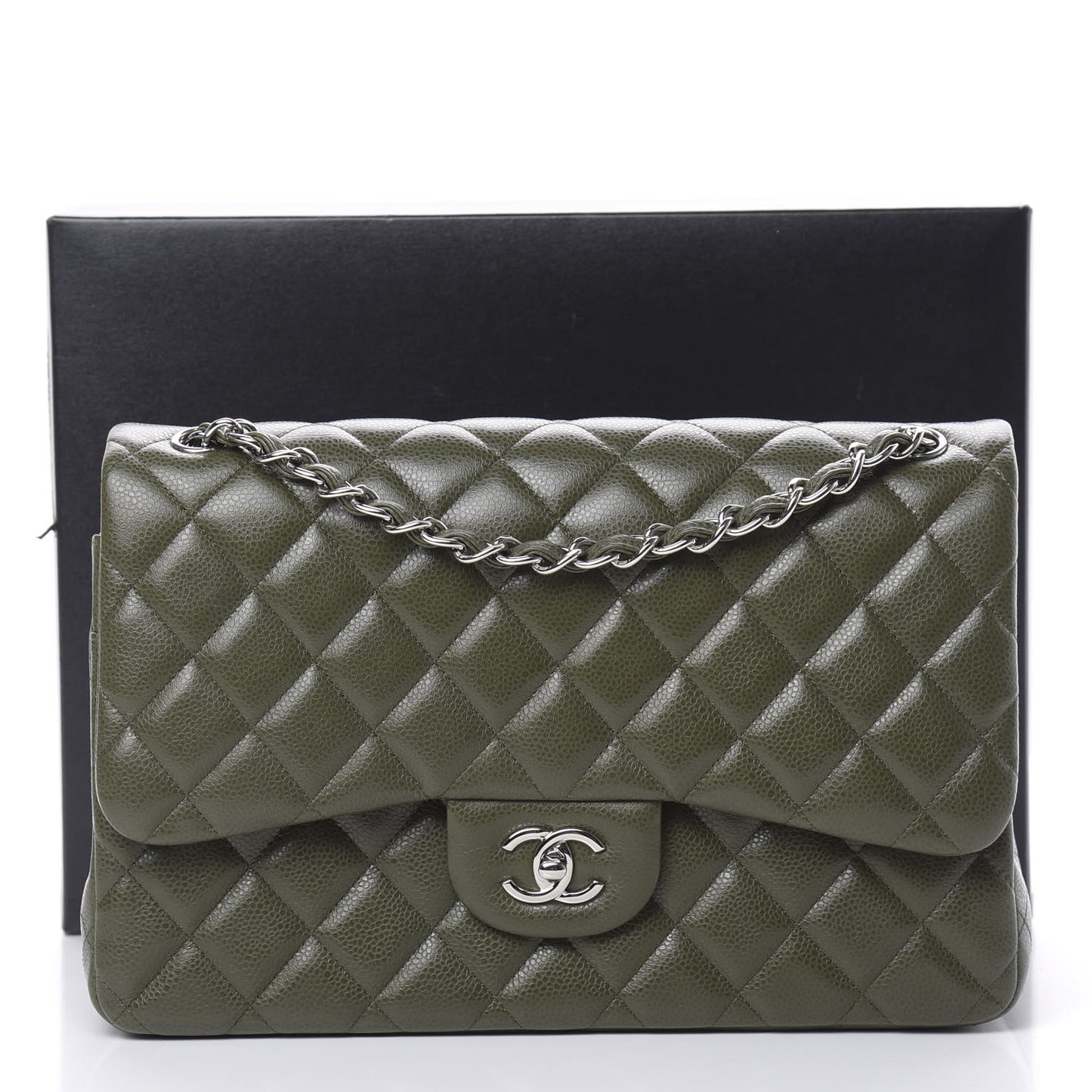 Caviar Quilted Jumbo Double Flap Dark Green