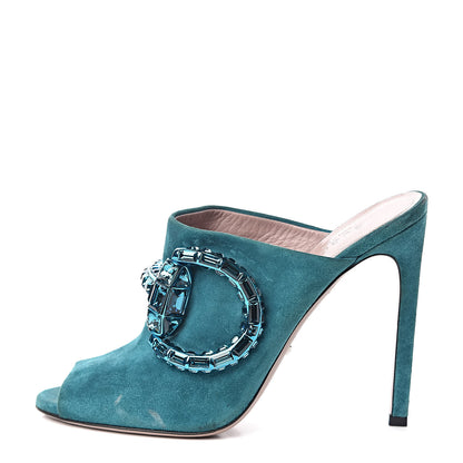 Gucci Suede Crystal Maxine Horsebit High Heel Slides 38 Dusty Turquoise 1 of 20