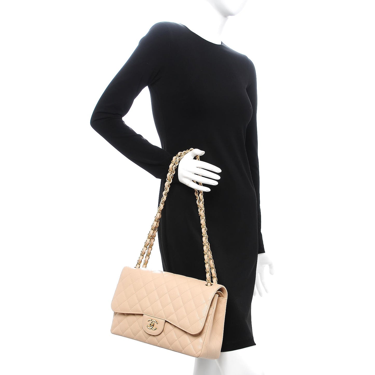 Caviar Quilted Jumbo Double Flap Beige Clair